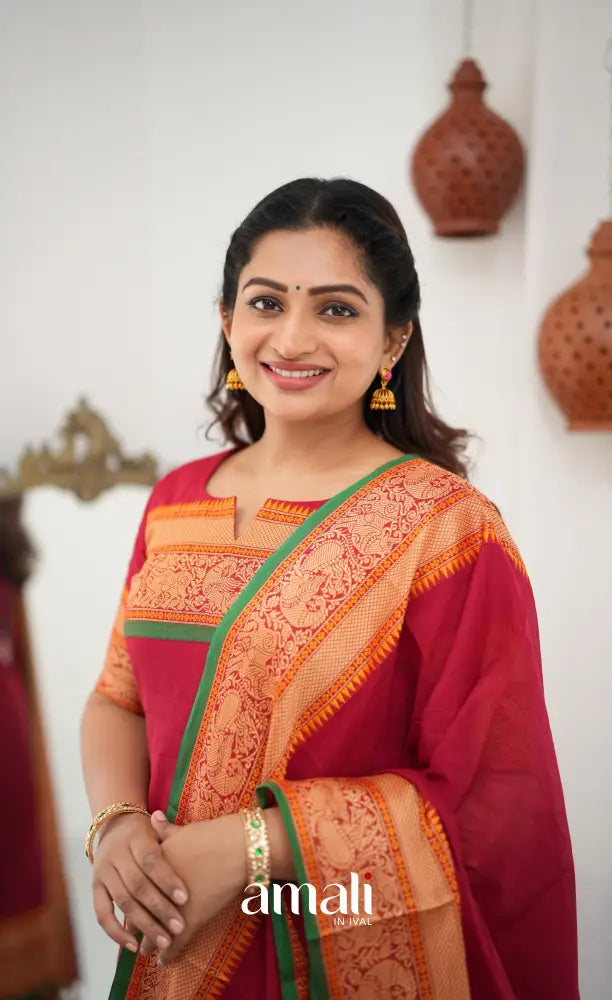 Meera Chettinad Cotton Salwar - Reddish Maroon and Deep Green - salwar