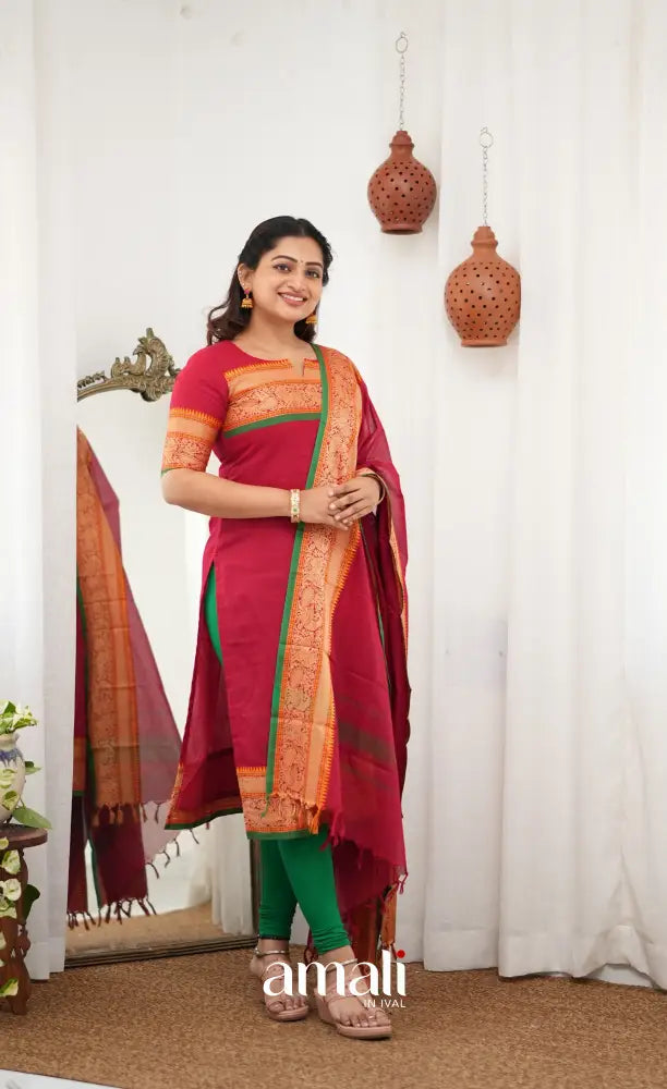 Meera Chettinad Cotton Salwar - Reddish Maroon and Deep Green - salwar