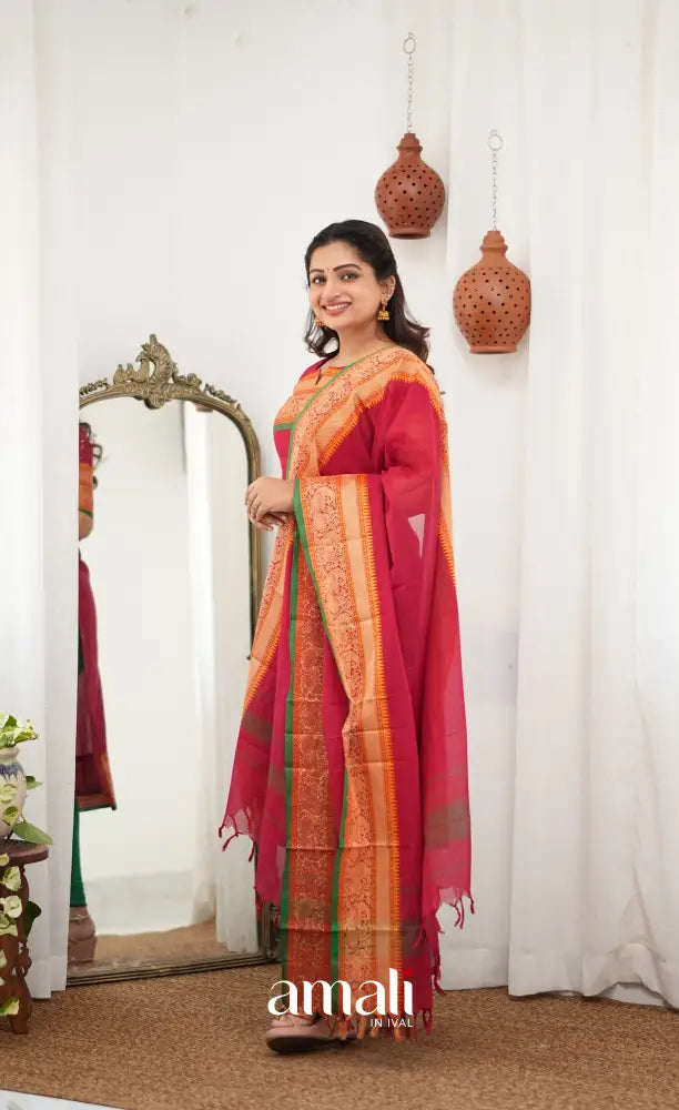Meera Chettinad Cotton Salwar - Reddish Maroon and Deep Green - salwar