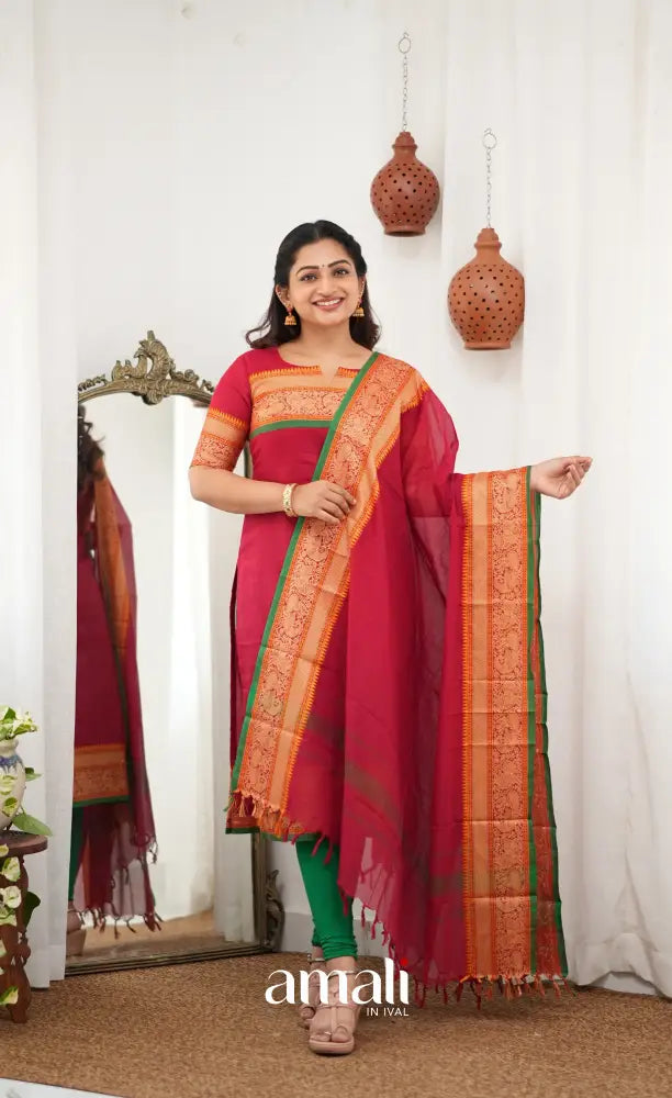 Meera Chettinad Cotton Salwar - Reddish Maroon and Deep Green - salwar