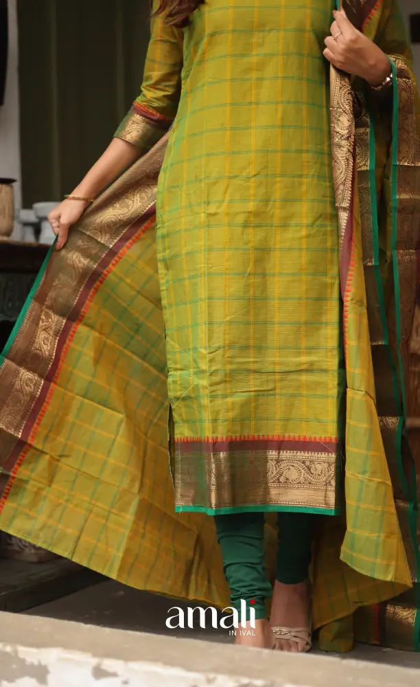 Meera Chettinad Cotton Salwar - two tone Henna Green and Dark Green salwar