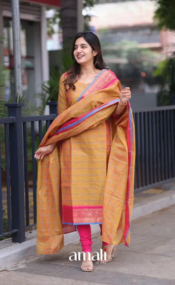 Meera Chettinad Cotton Salwar - two tone Orange and Pink salwar