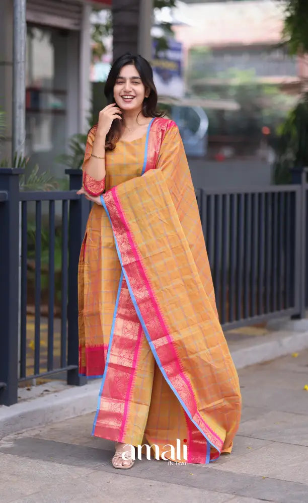 Meera Chettinad Cotton Salwar - two tone Orange and Pink salwar