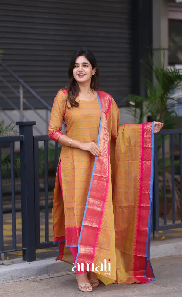 Meera Chettinad Cotton Salwar - two tone Orange and Pink salwar