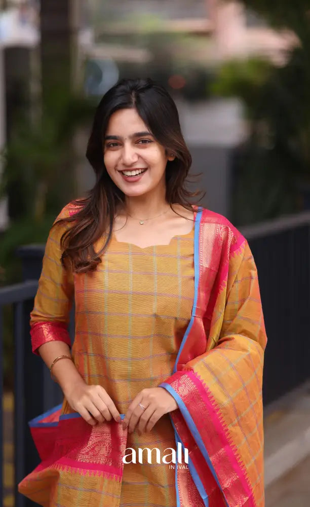 Meera Chettinad Cotton Salwar - two tone Orange and Pink salwar