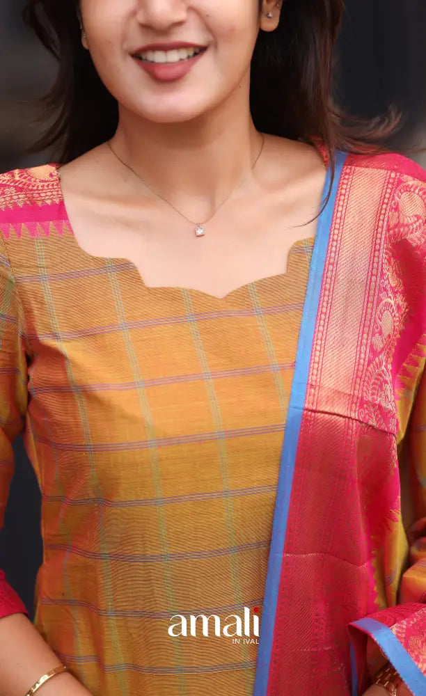 Meera Chettinad Cotton Salwar - two tone Orange and Pink salwar