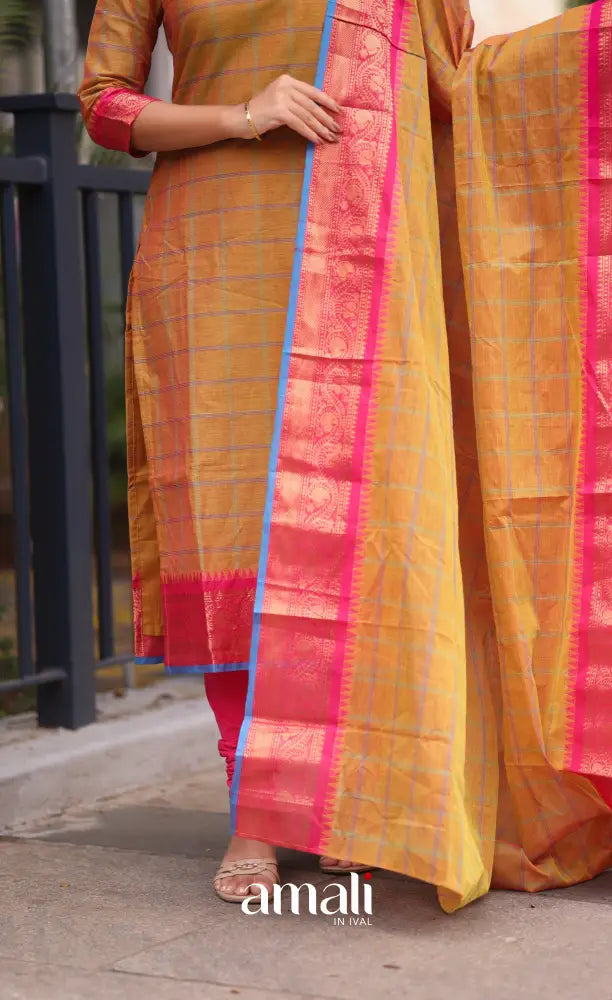 Meera Chettinad Cotton Salwar - two tone Orange and Pink salwar