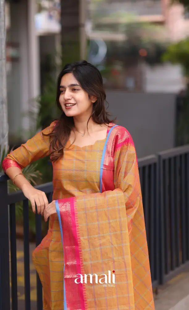 Meera Chettinad Cotton Salwar - two tone Orange and Pink salwar