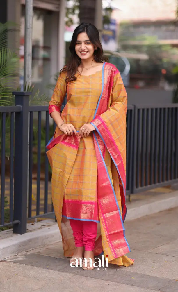 Meera Chettinad Cotton Salwar - two tone Orange and Pink salwar