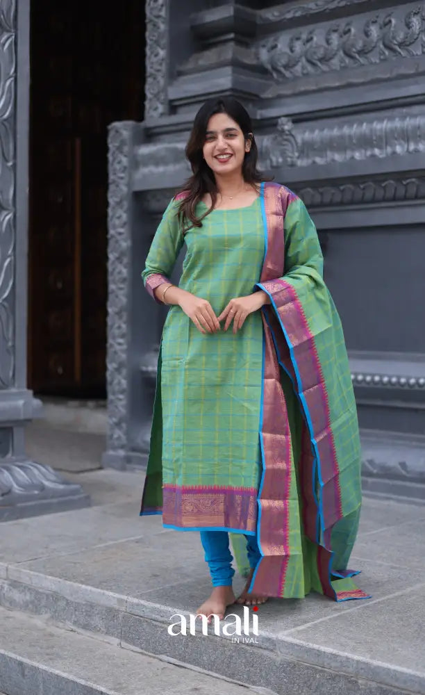 Meera Chettinad Cotton Salwar - Two tone Sea Green and Violet salwar