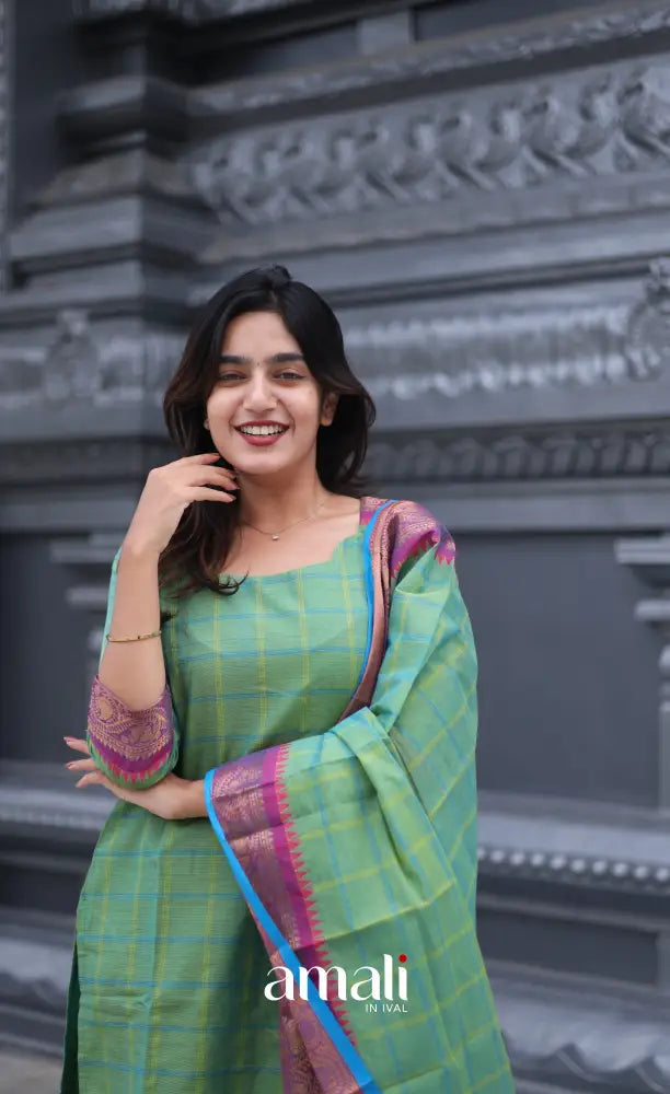 Meera Chettinad Cotton Salwar - Two tone Sea Green and Violet salwar