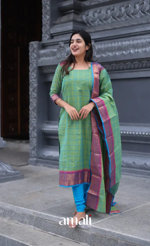 Meera Chettinad Cotton Salwar - Two tone Sea Green and Violet salwar