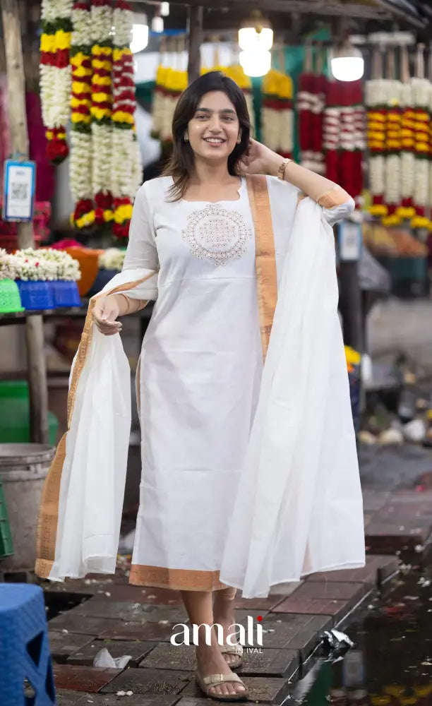 Meera Chettinad Cotton Salwar - White and Mustard salwar