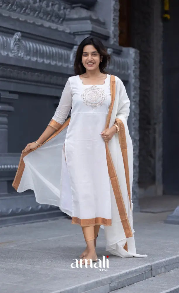 Meera Chettinad Cotton Salwar - White and Mustard salwar