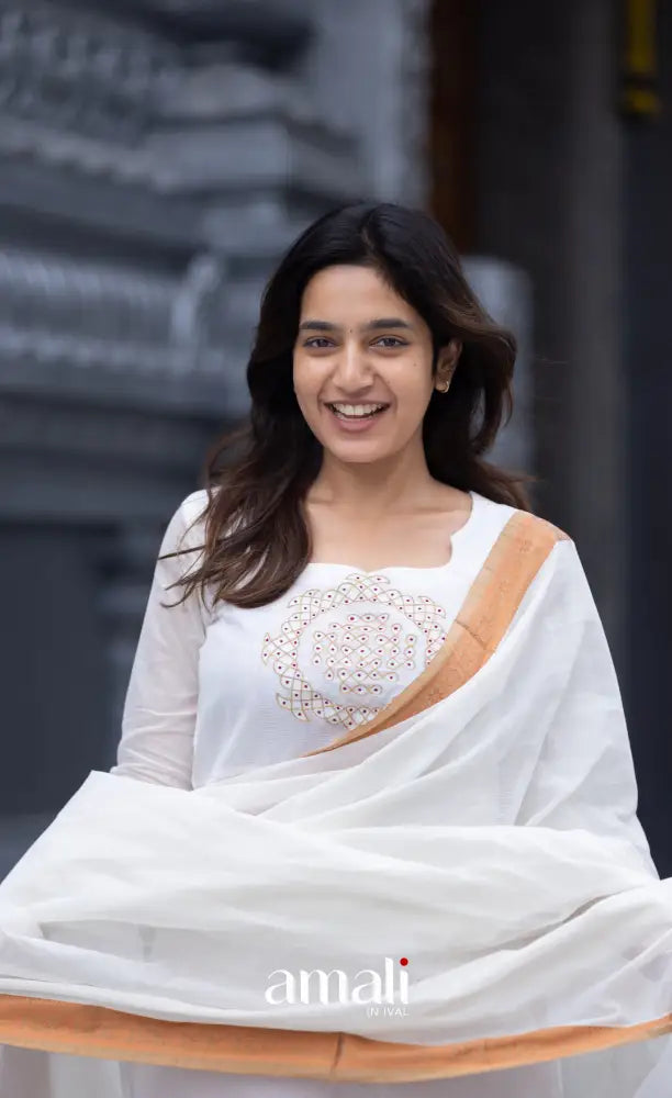 Meera Chettinad Cotton Salwar - White and Mustard salwar