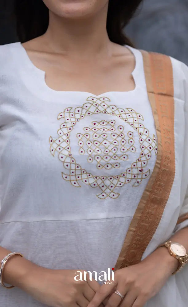 Meera Chettinad Cotton Salwar - White and Mustard salwar