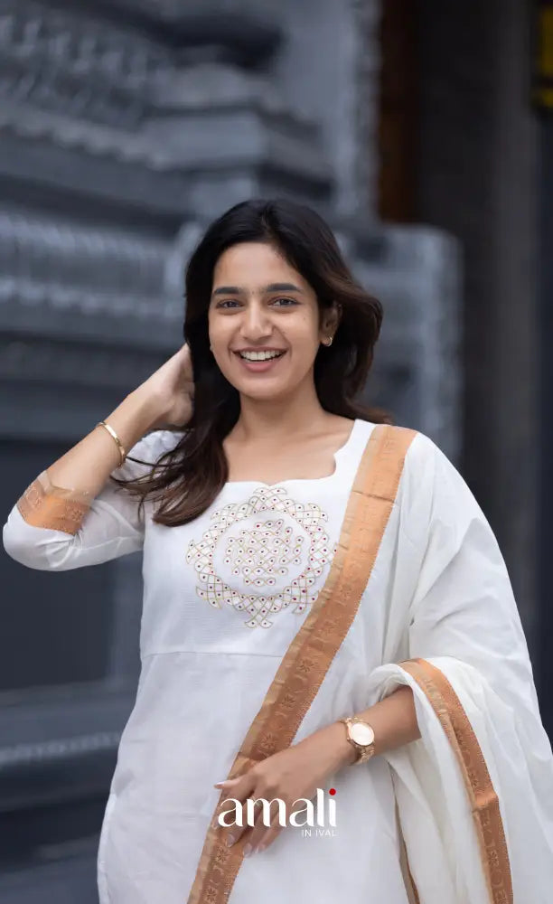 Meera Chettinad Cotton Salwar - White and Mustard salwar