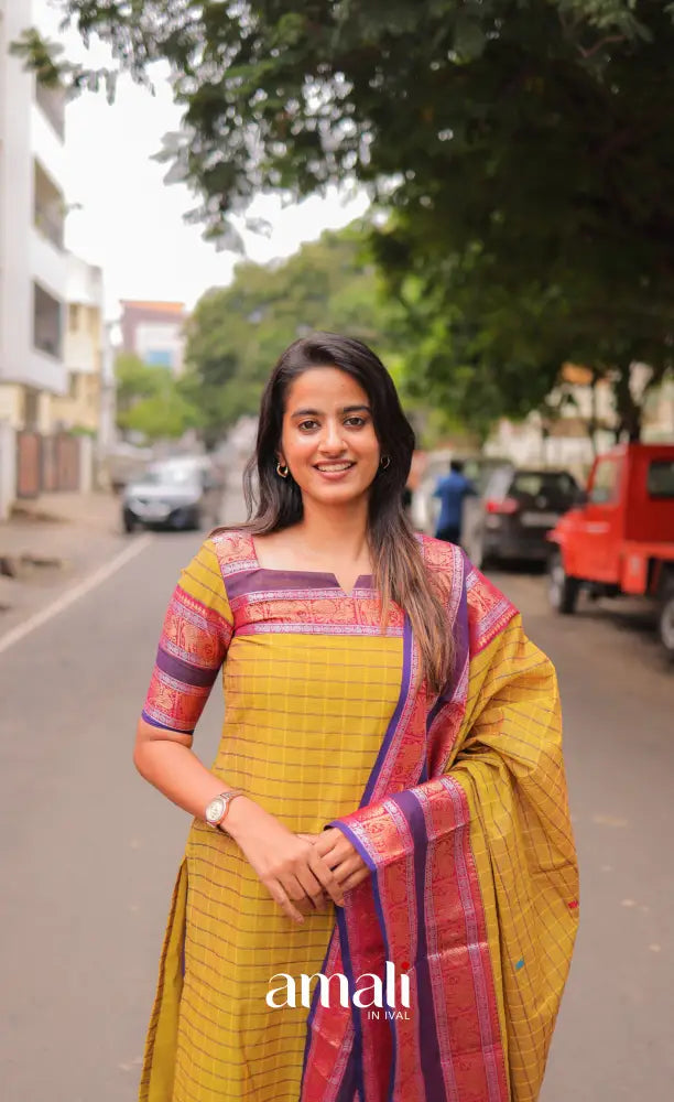 Meera Chettinad Cotton Salwar - Yellow and Purple salwar