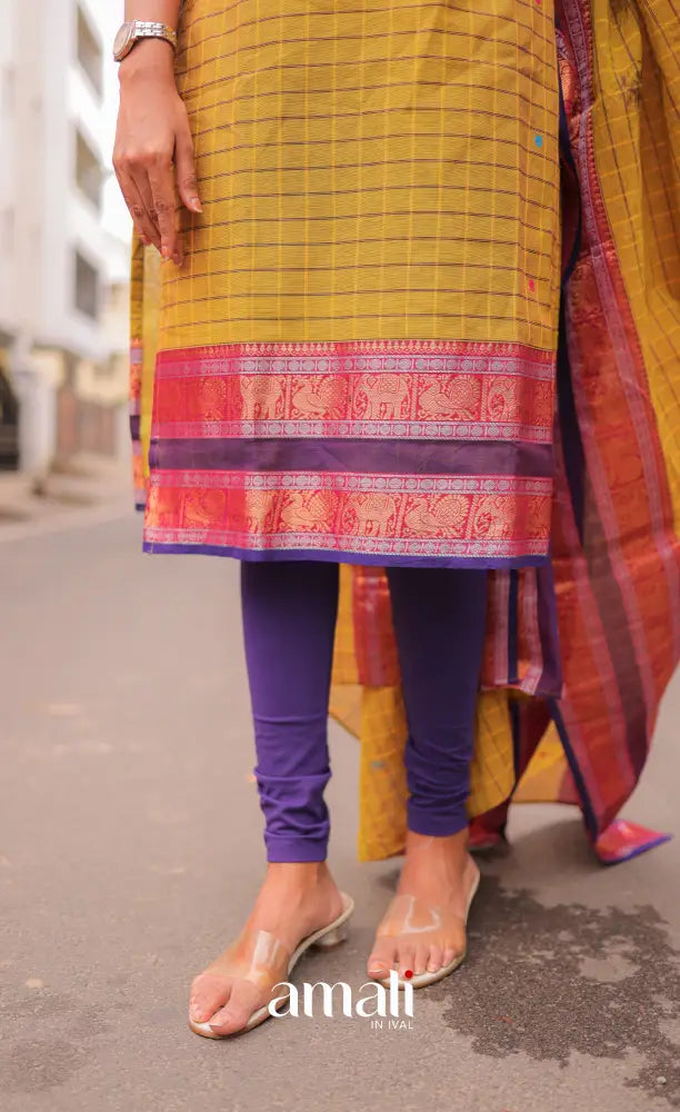 Meera Chettinad Cotton Salwar - Yellow and Purple salwar