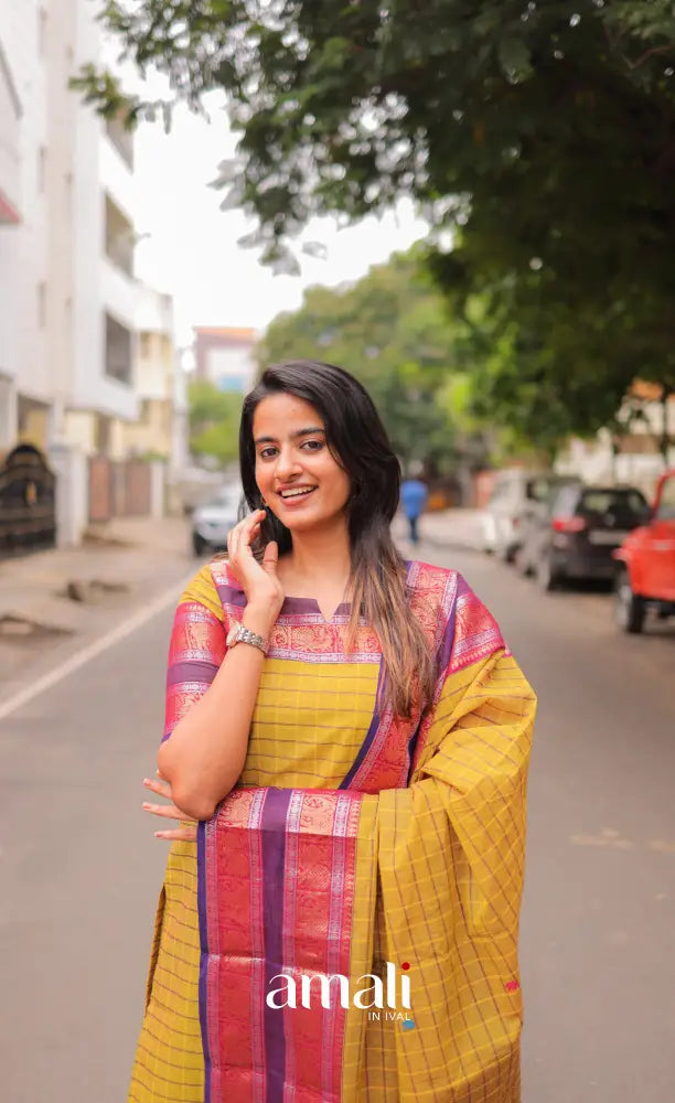 Meera Chettinad Cotton Salwar - Yellow and Purple salwar