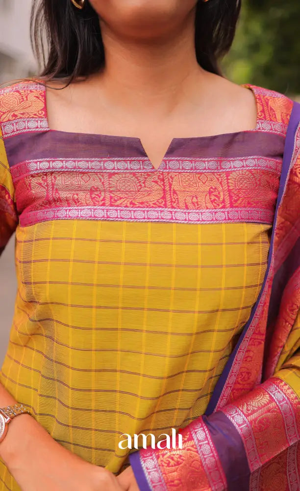 Meera Chettinad Cotton Salwar - Yellow and Purple salwar