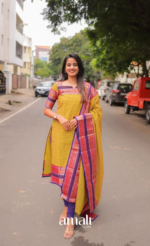 Meera Chettinad Cotton Salwar - Yellow and Purple salwar