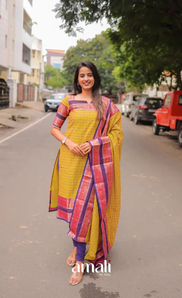 Meera Chettinad Cotton Salwar - Yellow and Purple salwar