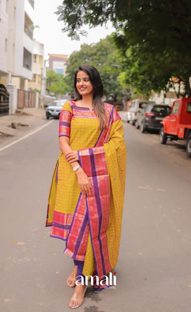 Meera Chettinad Cotton Salwar - Yellow and Purple salwar