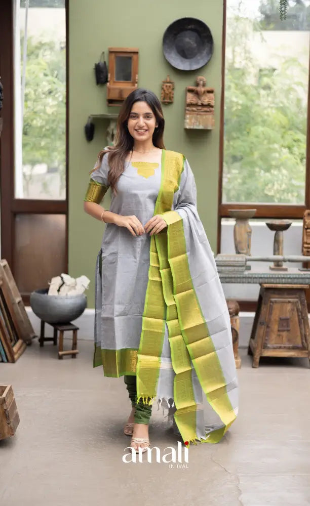 Meera Cotton Salwar Ash and Light Green tone Plus Size salwar