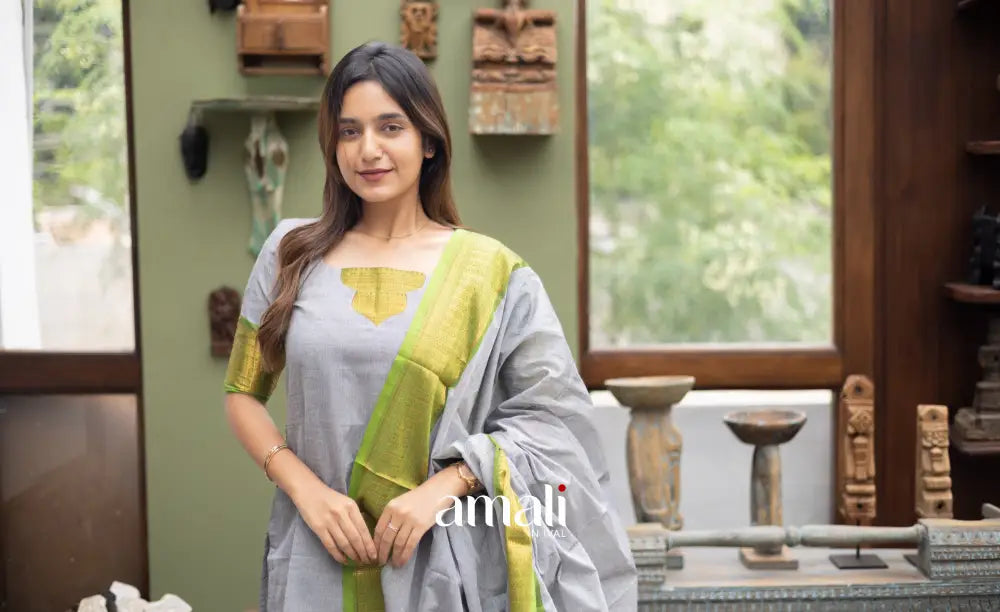 Meera Cotton Salwar Ash and Light Green tone Plus Size salwar