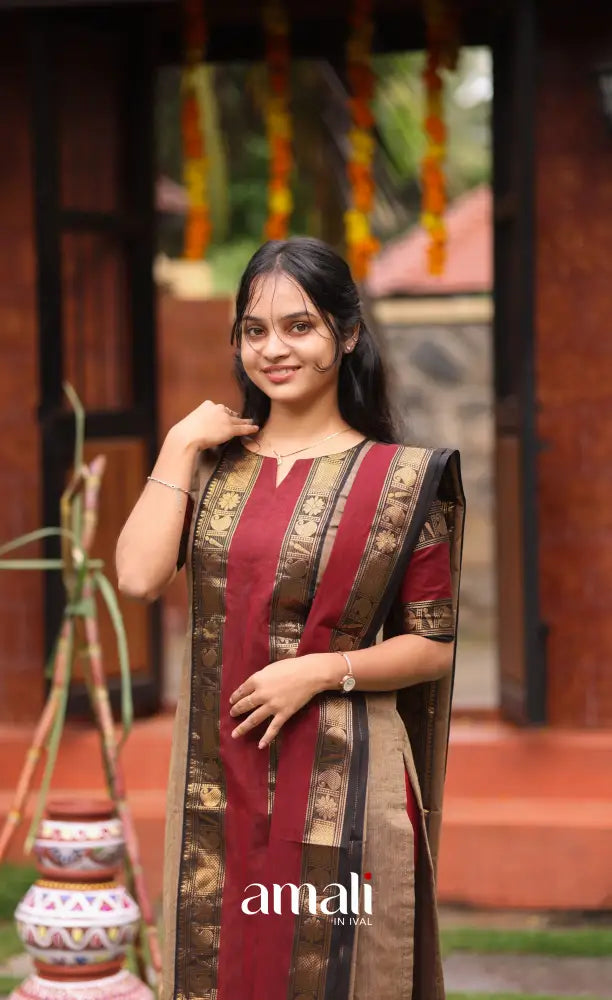 Meera Cotton Salwar - Beige and Dark Maroon salwar