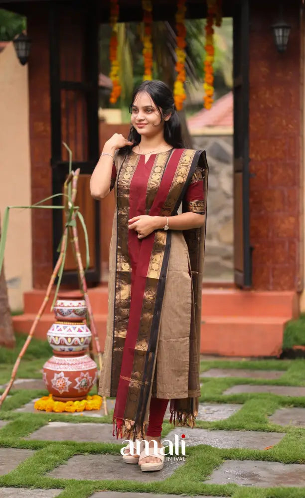 Meera Cotton Salwar - Beige and Dark Maroon salwar