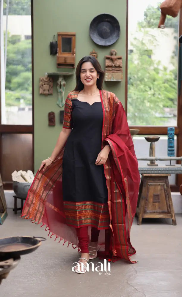 Meera Cotton Salwar - Black and Dark Red Cotton salwar