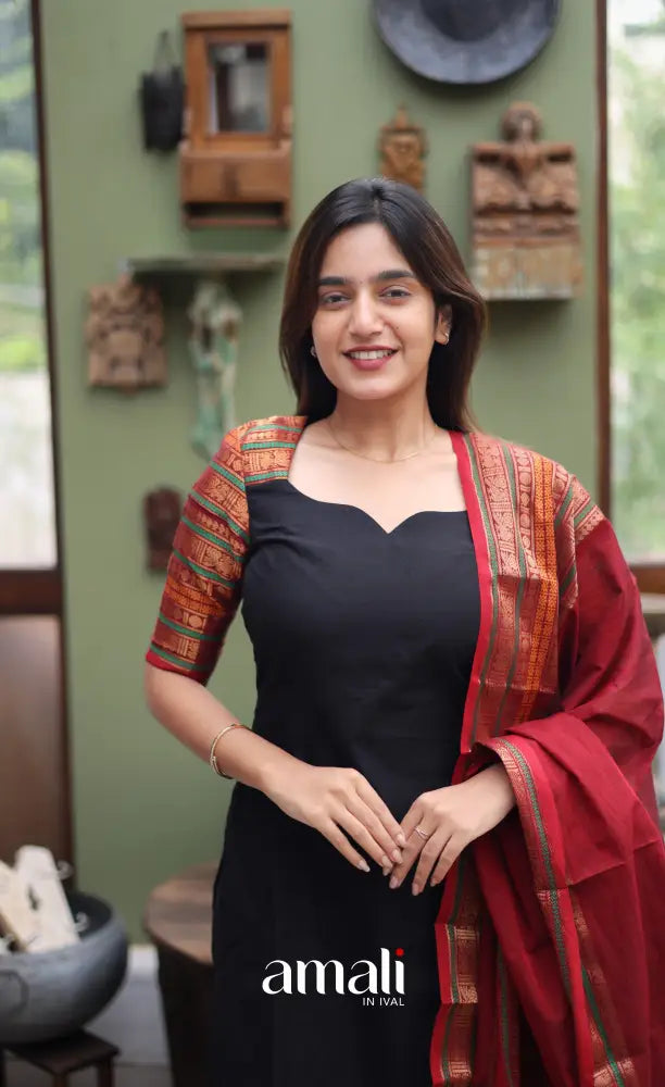 Meera Cotton Salwar - Black and Dark Red Cotton salwar