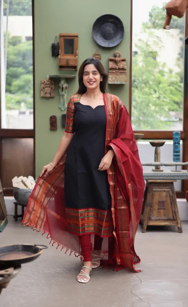 Meera Cotton Salwar - Black and Dark Red Cotton salwar