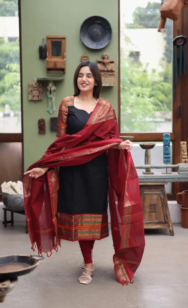 Meera Cotton Salwar - Black and Dark Red Cotton salwar
