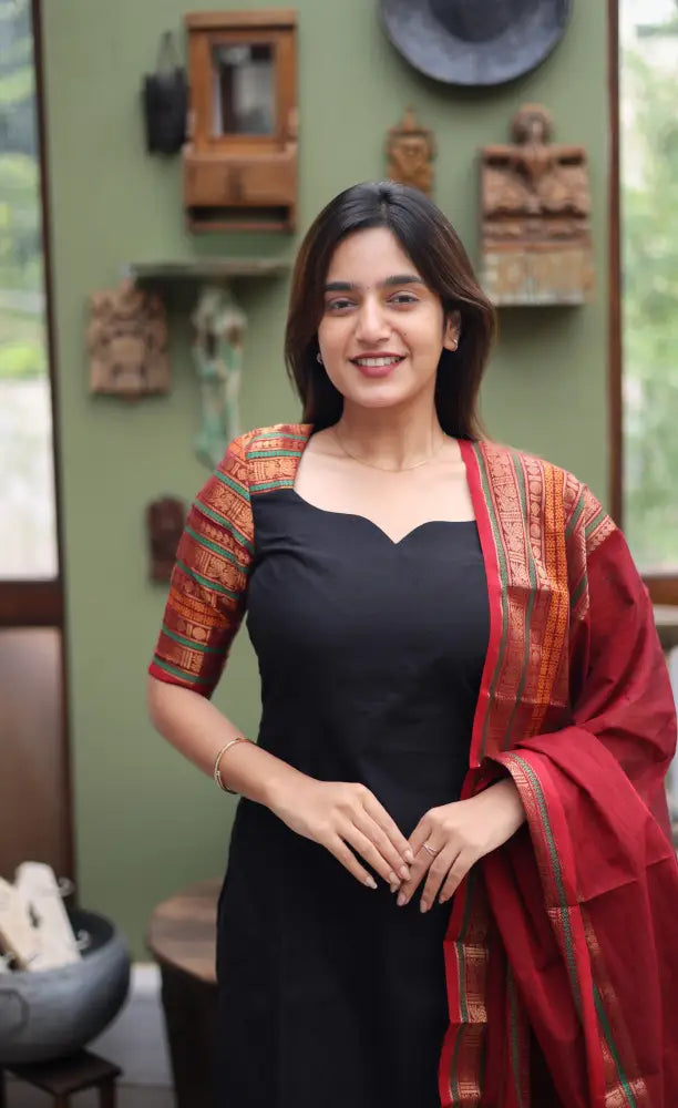 Meera Cotton Salwar - Black and Dark Red Cotton salwar
