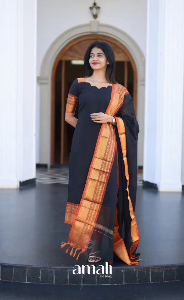 Meera Cotton Salwar - Black and Rust Orange salwar