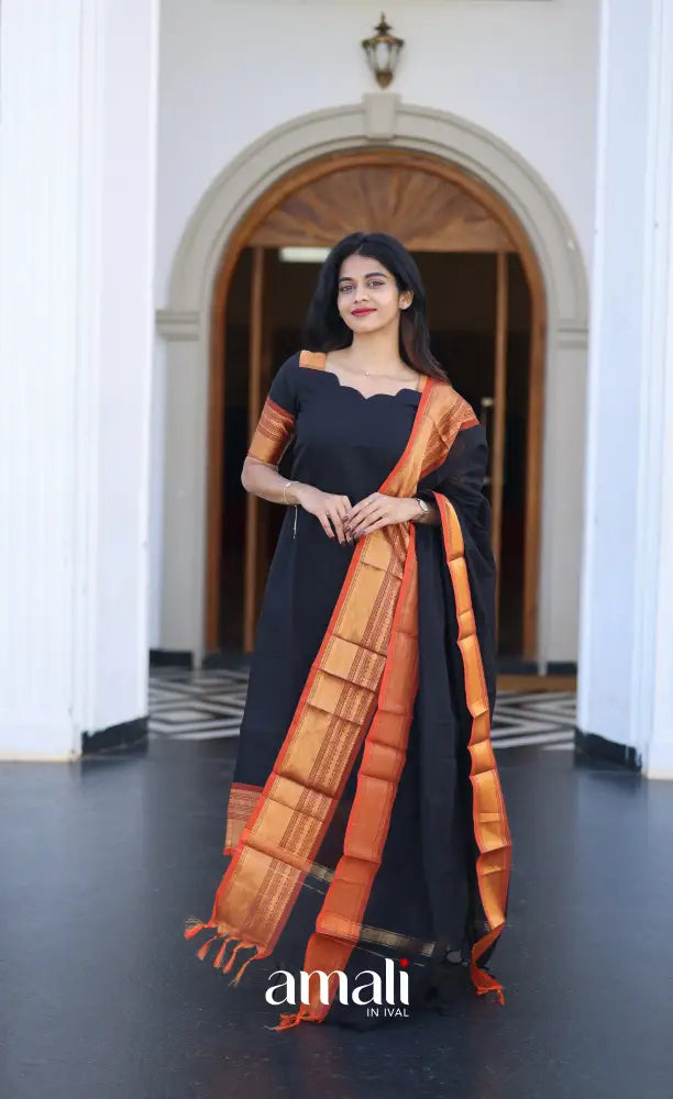 Meera Cotton Salwar - Black and Rust Orange salwar