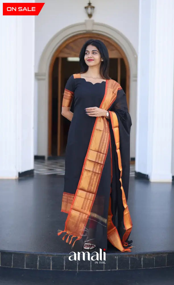 Meera Cotton Salwar - Black and Rust Orange salwar