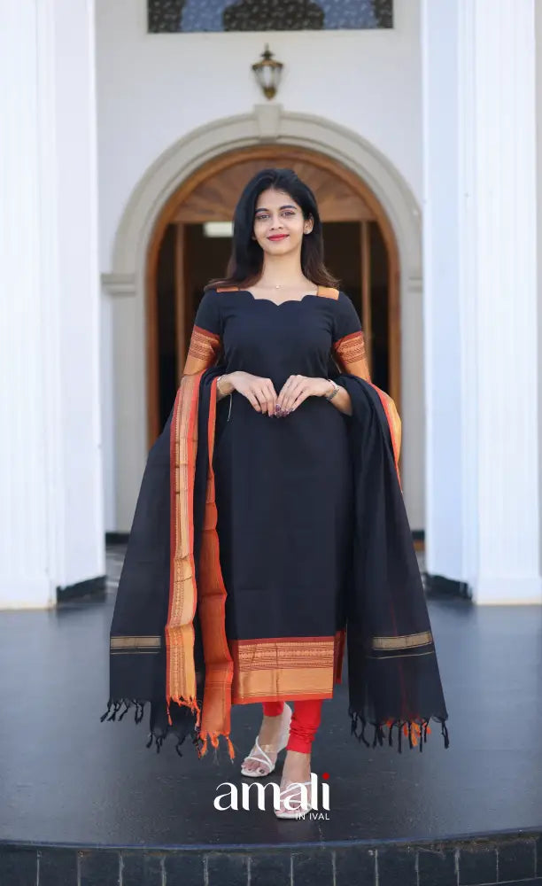 Meera Chettinad Cotton Salwar - Black and Rust Orange – Amali Salwars