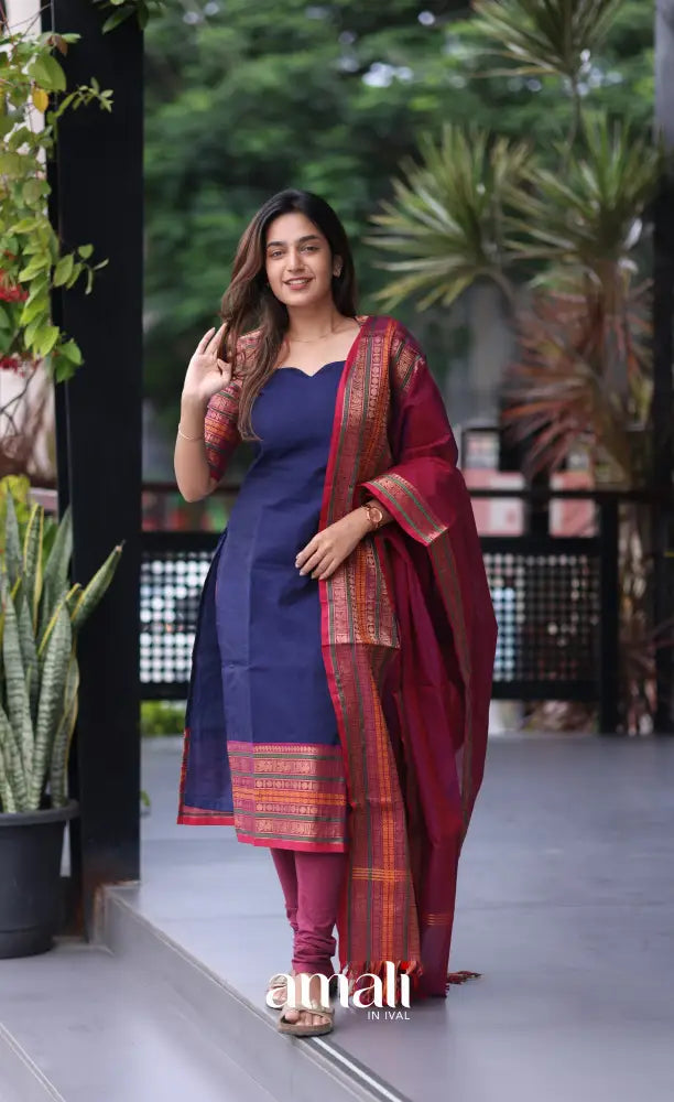 Meera Cotton Salwar - Blue and Magenta - Plus Size salwar