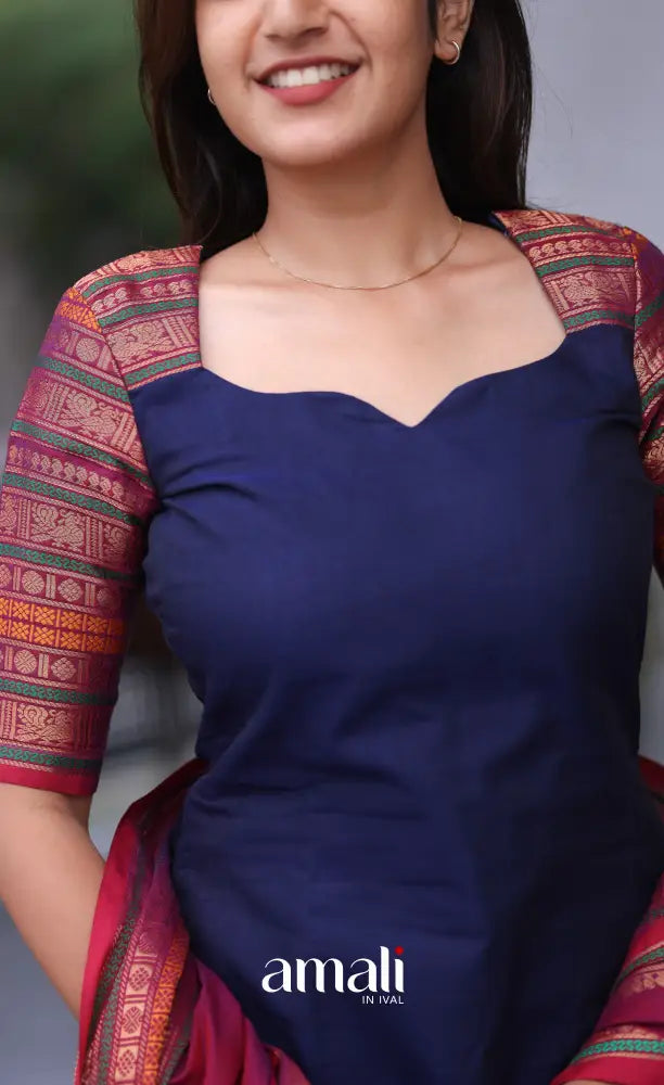Meera Cotton Salwar - Blue and Magenta - Plus Size salwar