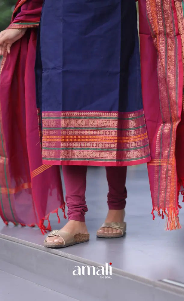 Meera Cotton Salwar - Blue and Magenta - Plus Size salwar