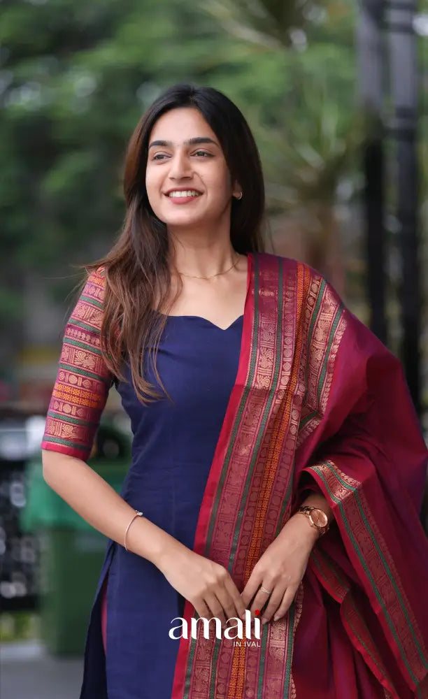 Meera Cotton Salwar - Blue and Magenta - Plus Size salwar