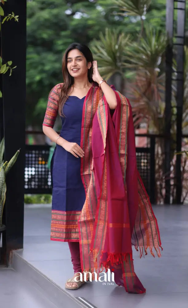 Meera Cotton Salwar - Blue and Magenta - Plus Size salwar