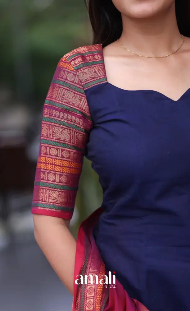 Meera Cotton Salwar - Blue and Magenta - Plus Size salwar