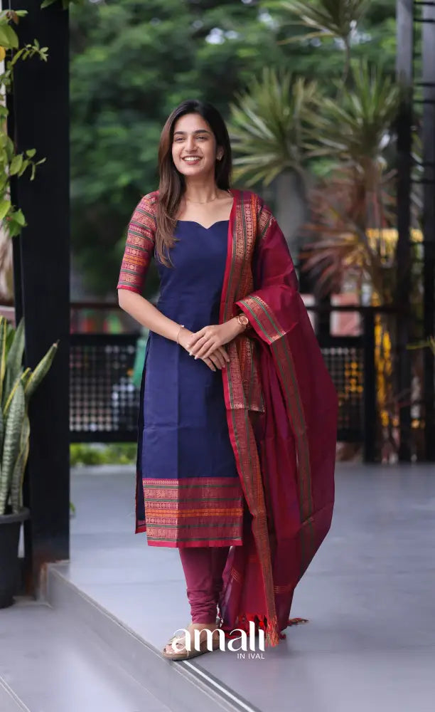 Meera Cotton Salwar - Blue and Magenta - Plus Size salwar