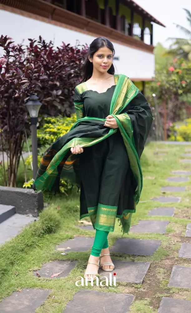 Meera Cotton Salwar - Dark Forest Green and Leaf Green salwar