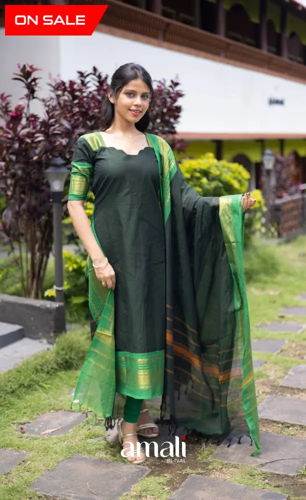 Meera Cotton Salwar - Dark Forest Green and Leaf Green salwar